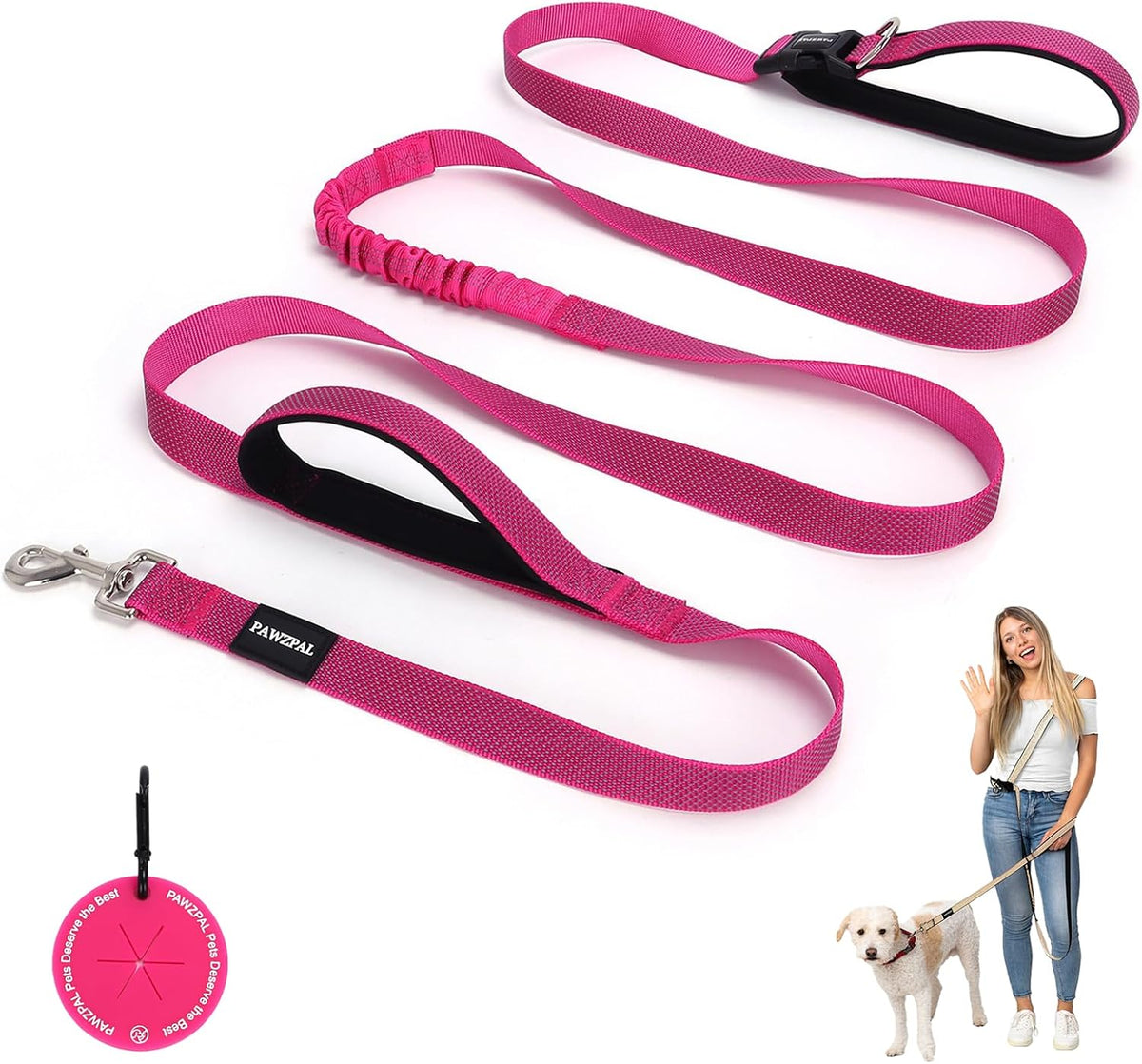 Hands Free Dog Leash, Waist & Crossbody 2-in-1 for Jogging & Hiking – Essentials for Dogs - Hot Pink / Large (8–10FT)