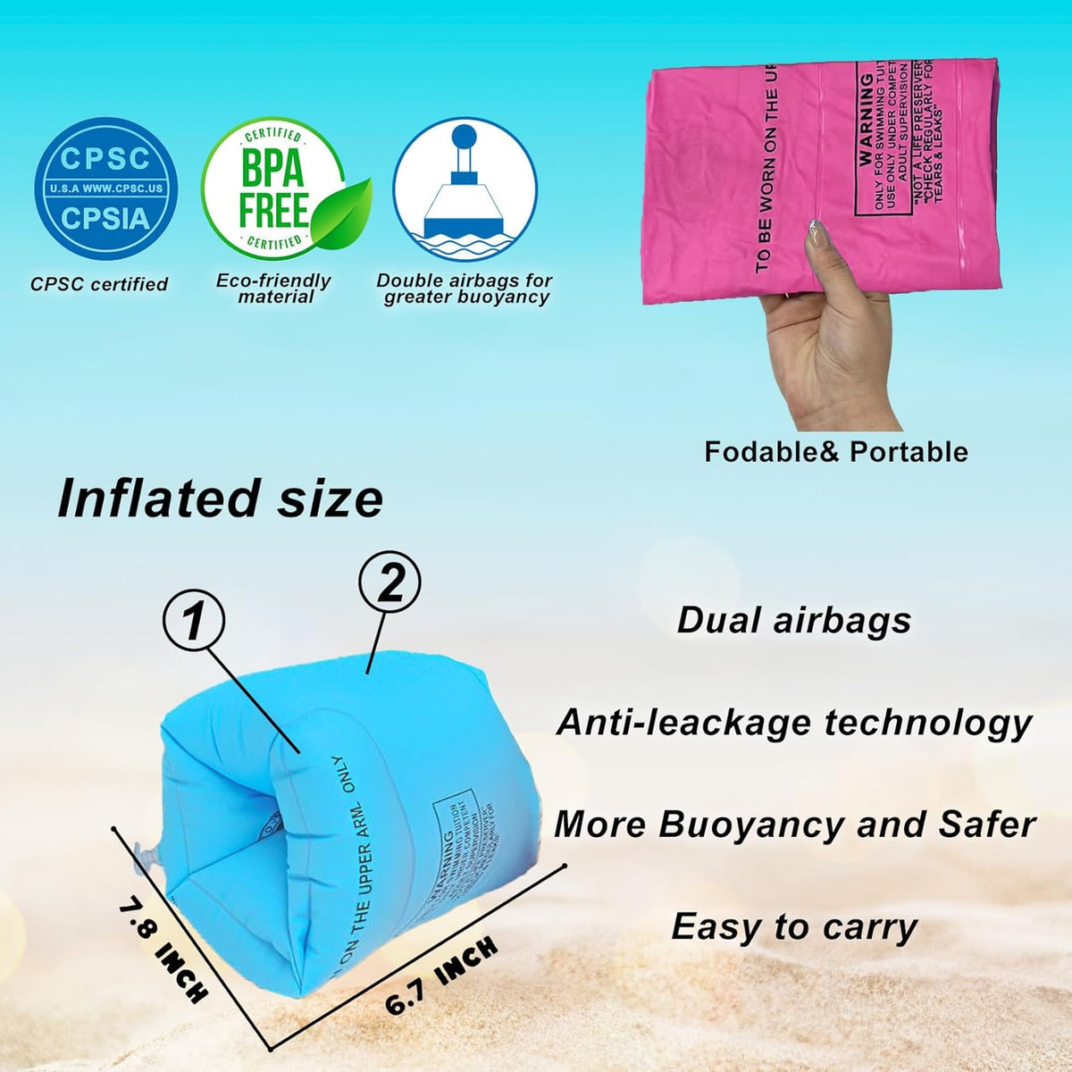 10Leccion 2 Pack Inflatable Arm Floaties for Toddlers - Blue & Pink - image 4