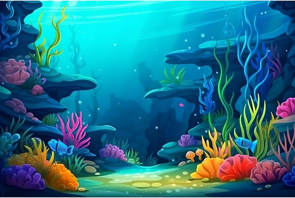 Under The Sea Aquarium Background Turquoise Underwater World Theme - 36(W)x18(H)in / Cartoon Blue