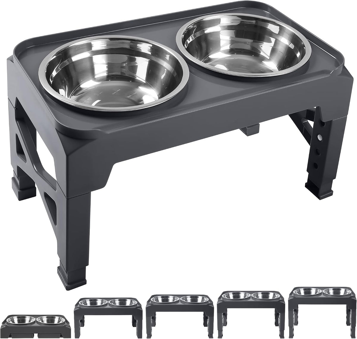 Hubulk Elevated Dog Bowls with 2 Stainless Steel Dog Food & Water - M (8" for M/L Dogs) / Grey