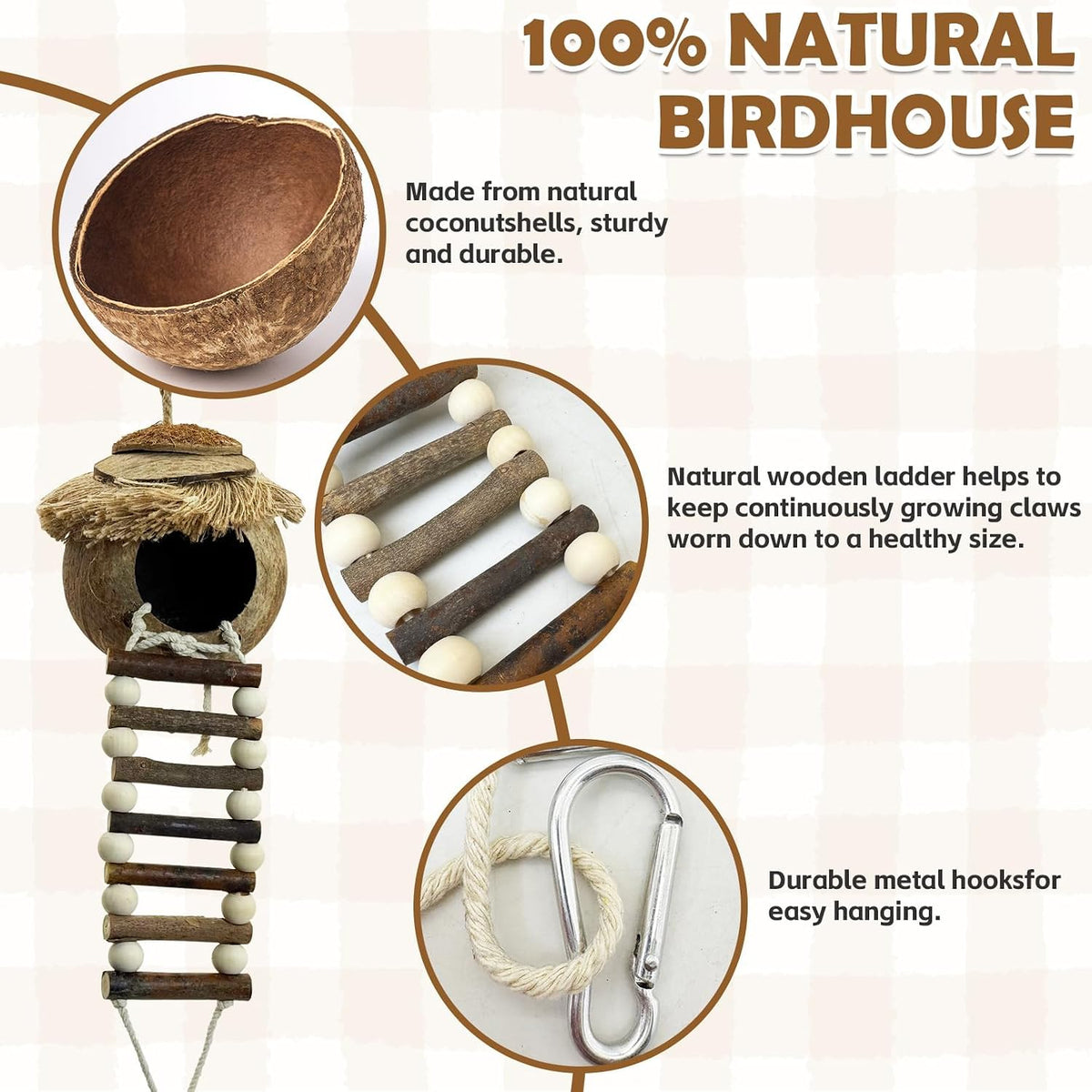 PINVNBY Coconut Bird Nest Hut with Ladder - Fruit wood ladder - image 2