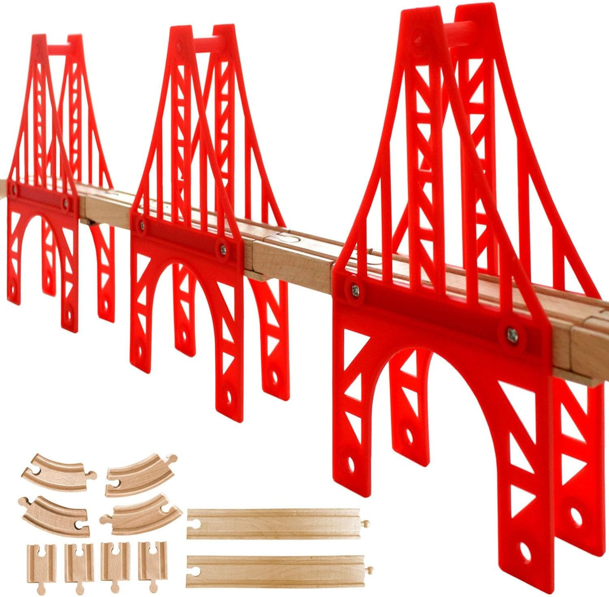 OrgMemory wooden train track bridge supports in natural beech wood with straight tracks - view 3