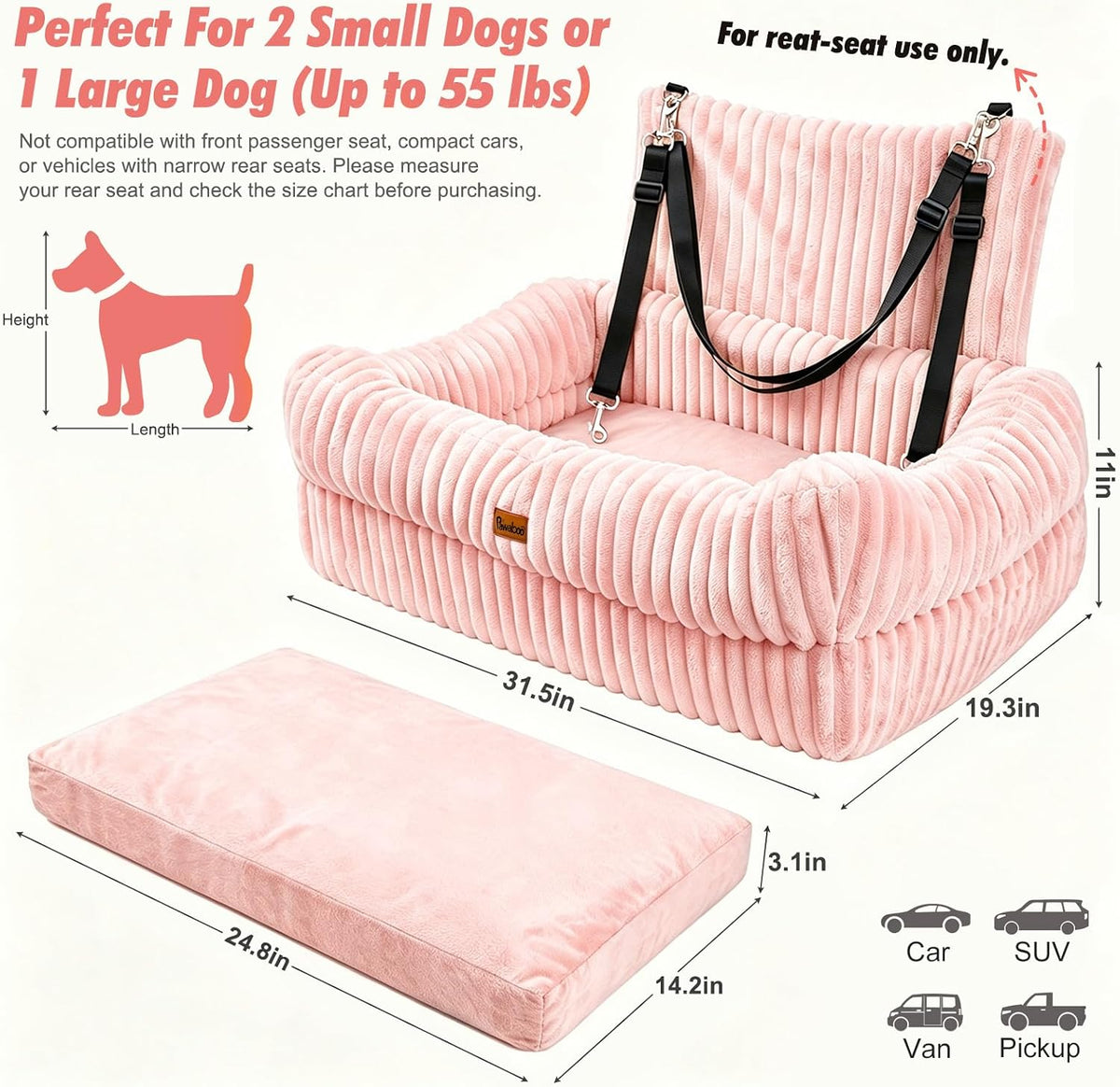 Pawaboo Dog Car Seat Bed, Memory Foam Booster for Medium/Large Dogs, Beige – Essentials for Dogs - Light Pink - image 3