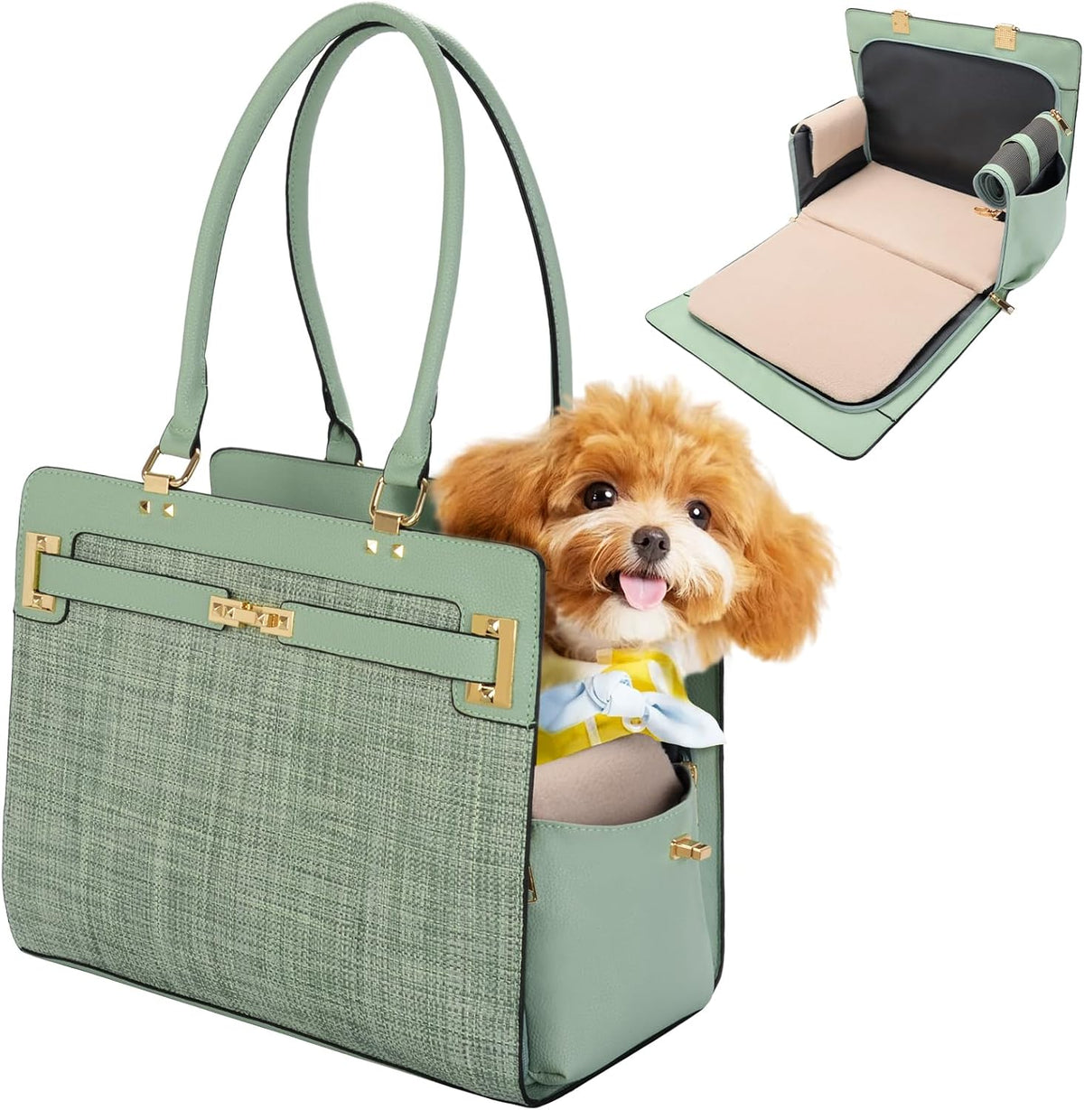 2-in-1 Stylish Dog Purse Carrier Travel Tote Bag for Small Dogs Cats - Green / 15" L x 7.5" W x 12.2" H