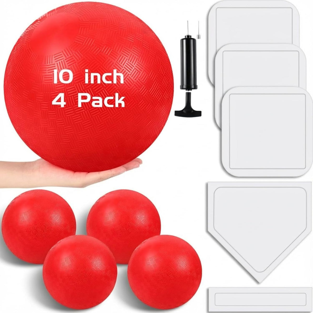 Hiboom kickball set with four 10 inch red balls, rubber bases and air pump - view 3