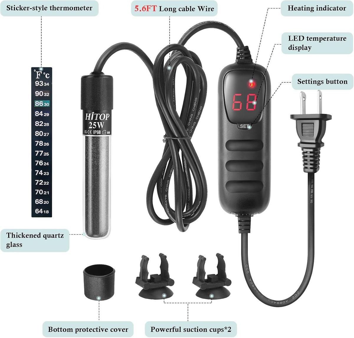 HITOP Mini Submersible Aquarium Heater 50W Digital Heater for Fish - (5-12Gal) 50W - image 2
