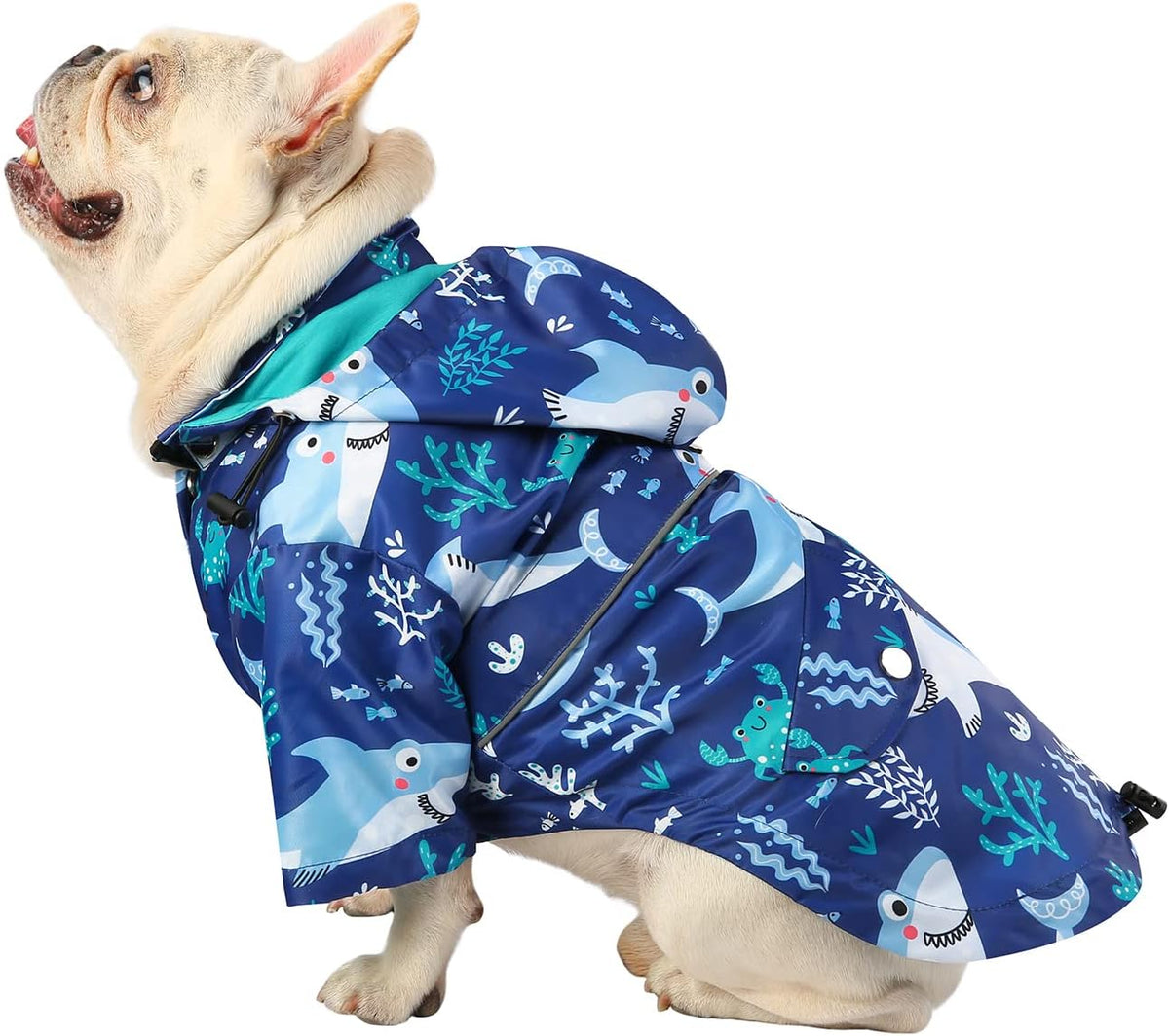 HDE Premium 2-Layer Zip Dog Raincoat Poncho w/Leash Hole & Hood - Small / Sharks