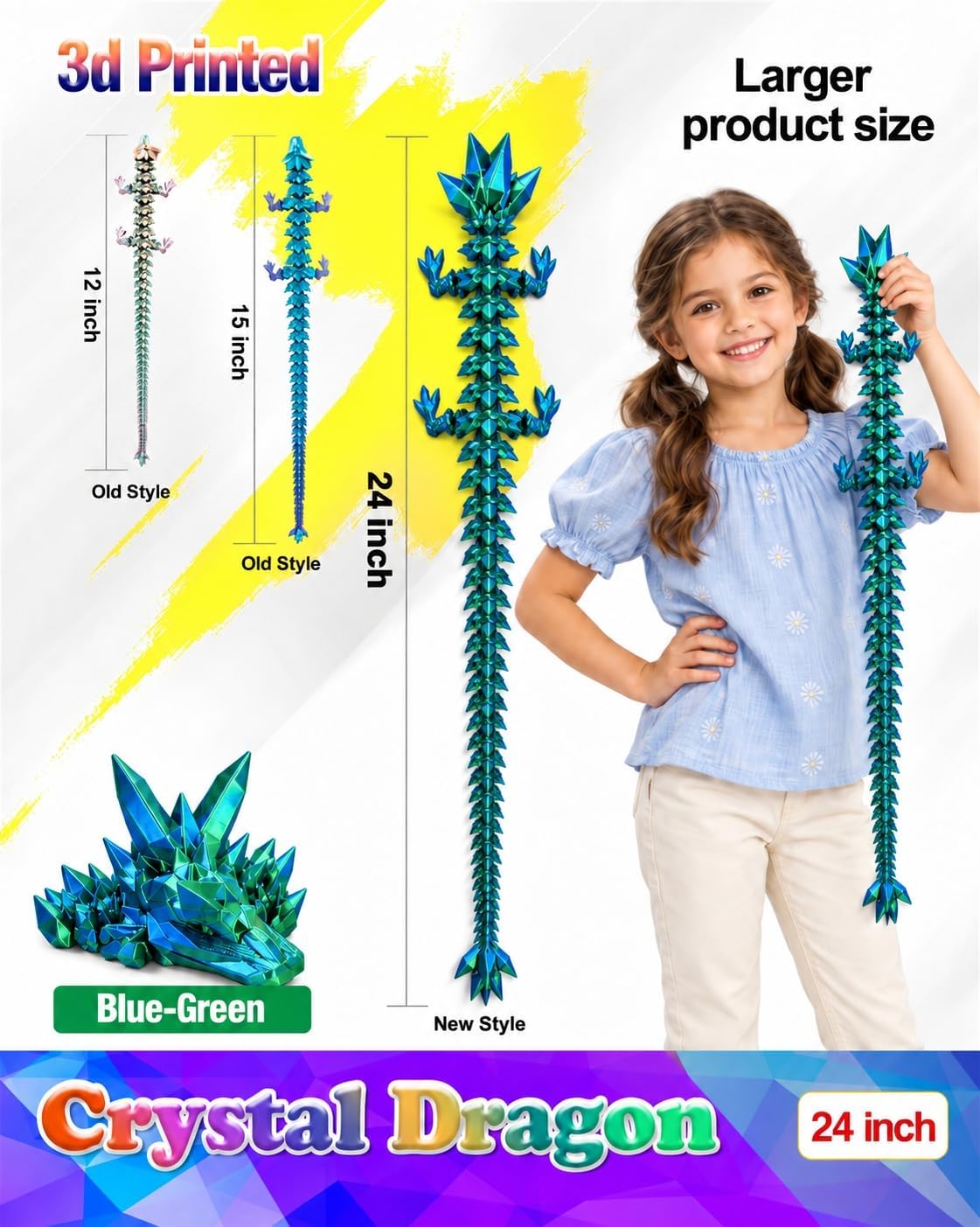 24 inch Large 3D Printed Dragon Glow in the Dark in Halloween – Fun for Kids & Family - Blue Green / 24 inch - image 2