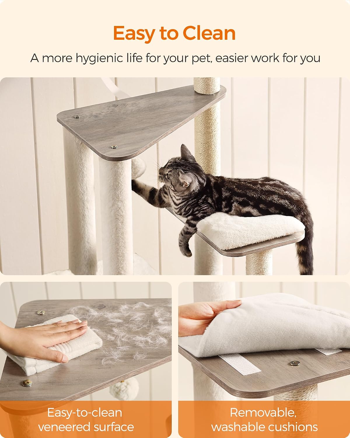 Feandrea Cat Tree, 64.6-Inch Multi-Level Tower with 5 Scratching Posts – Essentials for Cats - Heather Greige - image 4