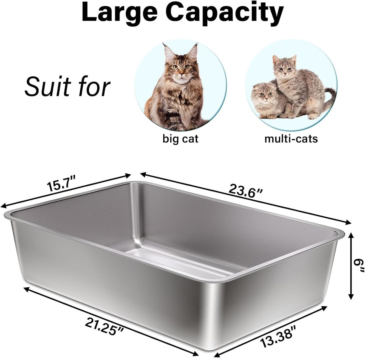 Stainless Steel Litter Box, Metal Cat Litter Box for Kitten - 1 Pack-Extra Large: 23.6x15.7x6 inch - image 2