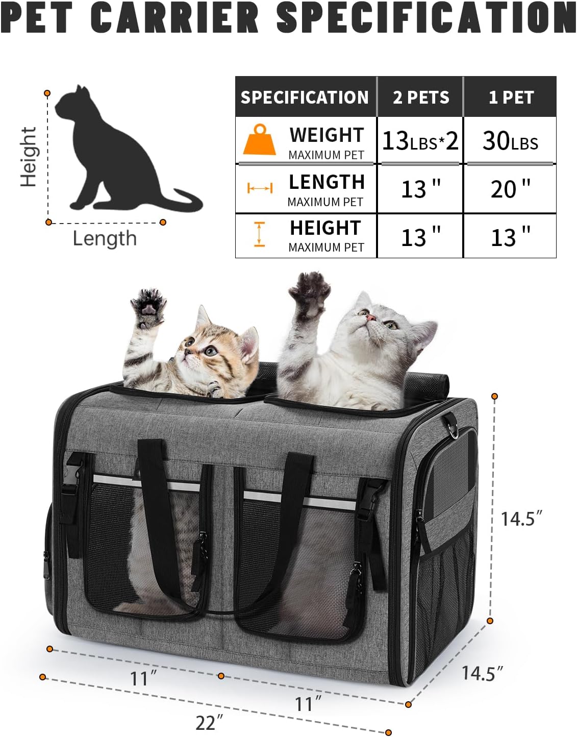 Cat Carrier for 2 Cats,Double Cat and Dual Dog Carrier Cabin for Two Pets – Essentials for Cats - Gray+ with Big Pocket - image 2