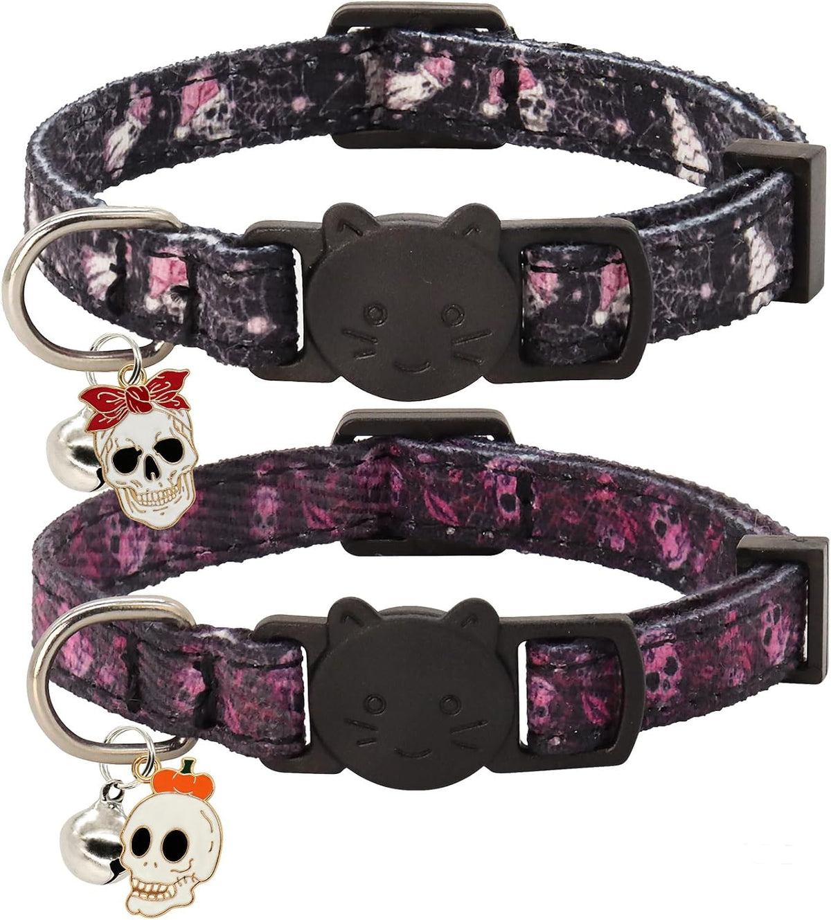 Halloween Cat Collar, Cotton 2 Pack Cat Collar with Bells - Skull / 7-11''