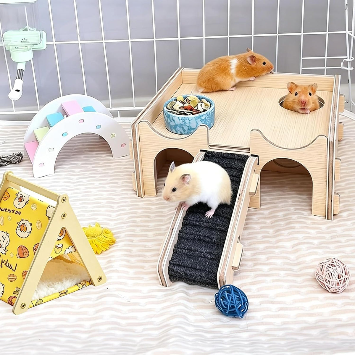 Wooden Hamster Hideout House Castle with Platform, Bowl & Ladder – Essentials for Small Pets - 4 Room + Bowl + Tent – 2.4" Entrance - image 2