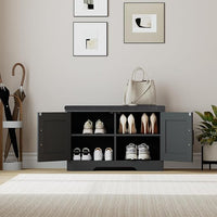2-Tier Storage Bench, Shoe Bench with Padded Seat Cushion, Entryway Bench with 2 Barn Doors, Adjustable Shelf, 13.8" D x 27.6" W x 17.7" H, for Entryway, Living Room, Bedroom, Black