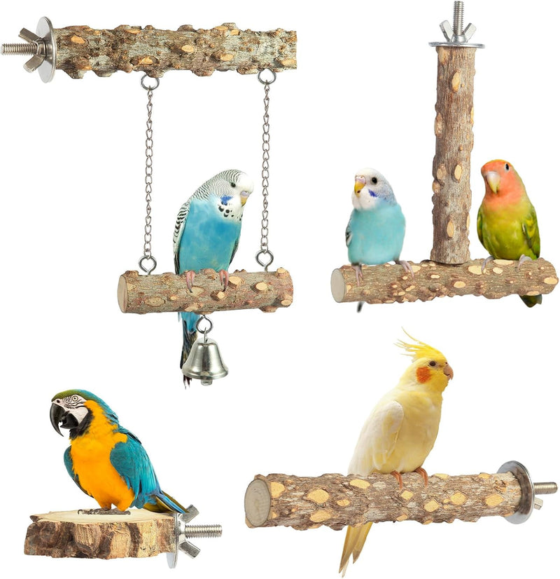 Bird Perches,4pcs Natural Wood Birds Stand Branch, Bird Perch Chewing Stick Cage Accessories Parrot