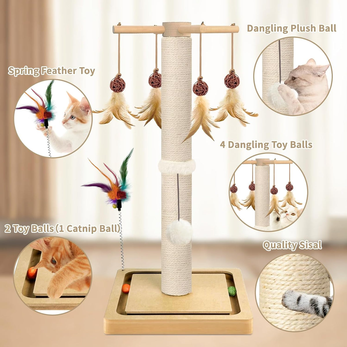 Cat Scratching Post, Sisal Scratcher with Enrichment Toys for Indoor Cats – Essentials for Cats - 25 Inches Tall / Single Track - image 2