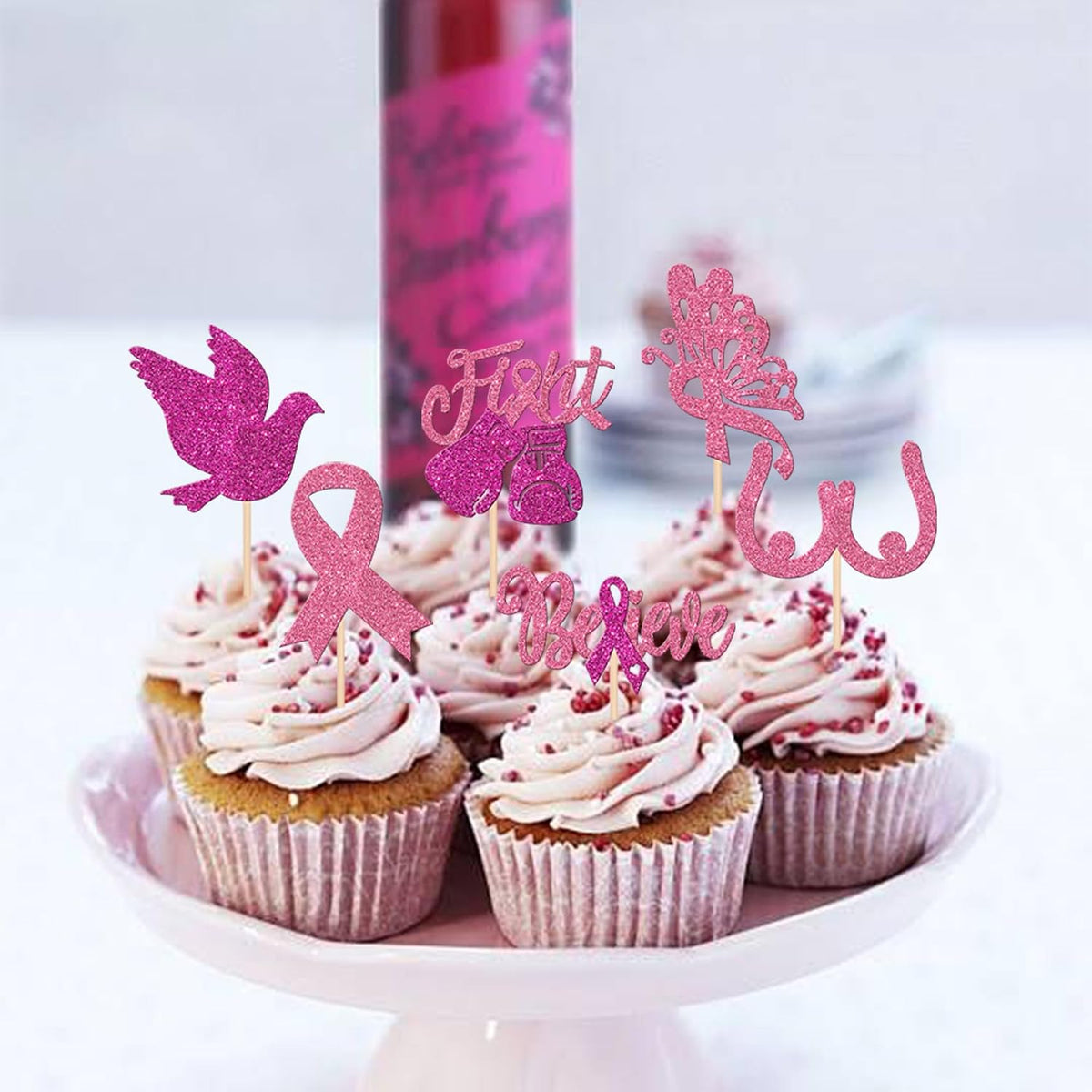 24 PCS Ribbon Breast Cancer Awareness Cupcake Toppers Glitter Pink - Design 3 - image 4