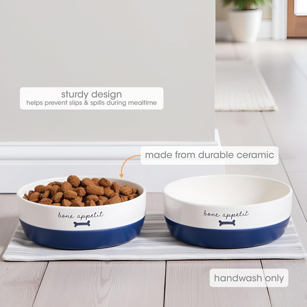 Pearhead Ceramic Dog Bowl, Woof Speckled Pet Food & Water Dish - Navy Bone Appetit Bowl / Small - image 2