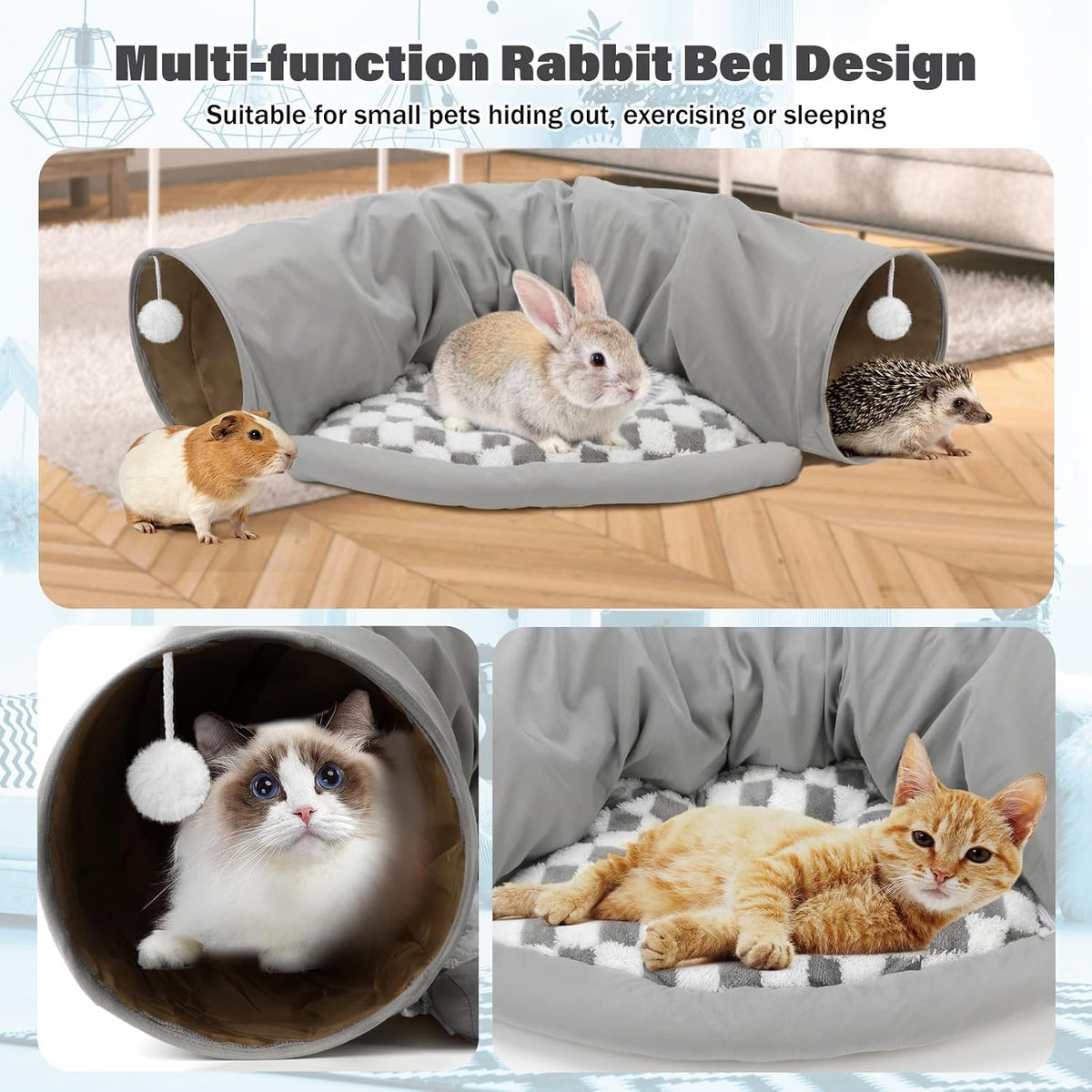 Bunny Tunnel Bed, 2-in-1 Collapsible Rabbit Tunnel Hideout with Mat – Essentials for Small Pets - Gray - image 4