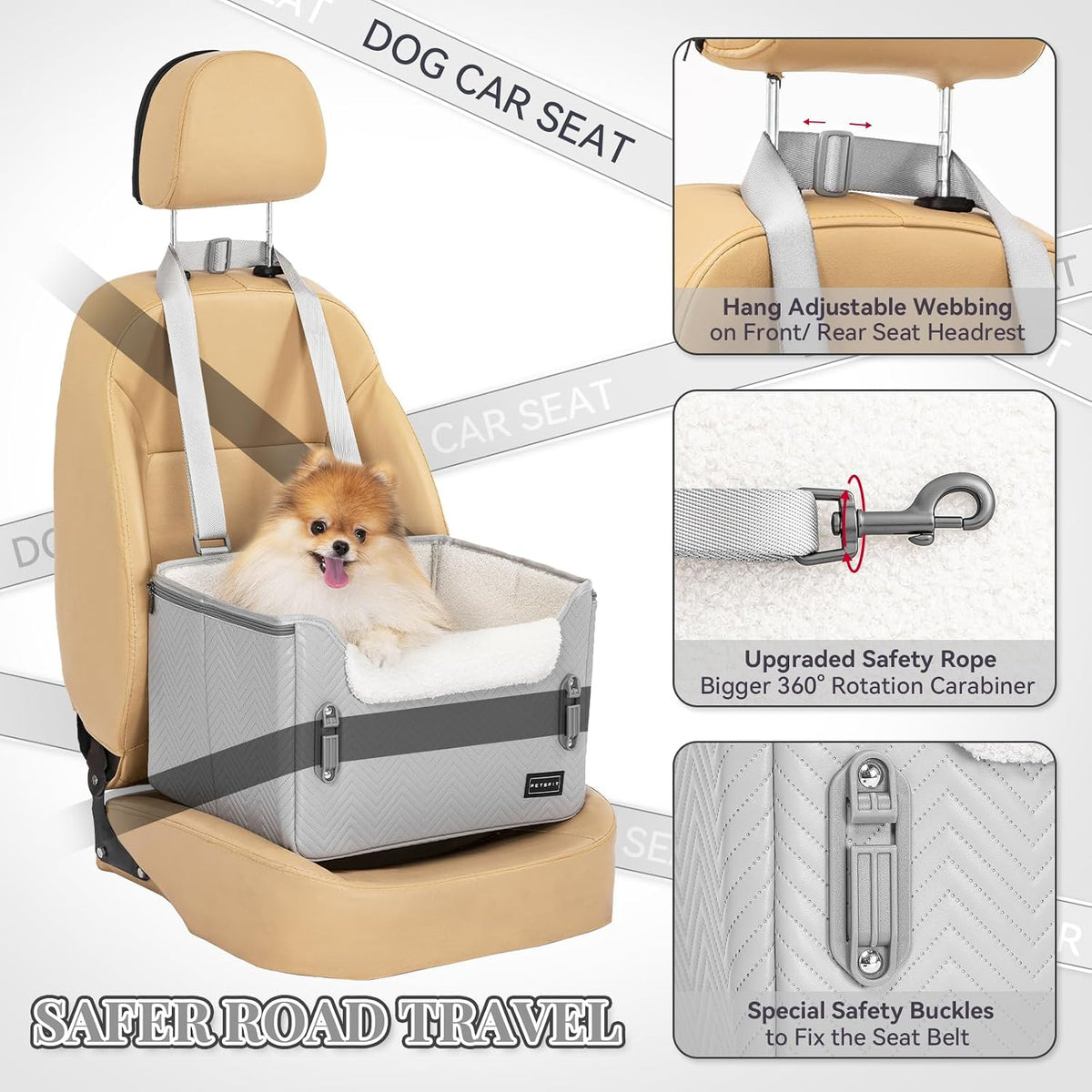 PETSFIT Dog Car Seats for Small Dogs, Patented Safety Buckles - Faux Leather / Cool Grey - image 2