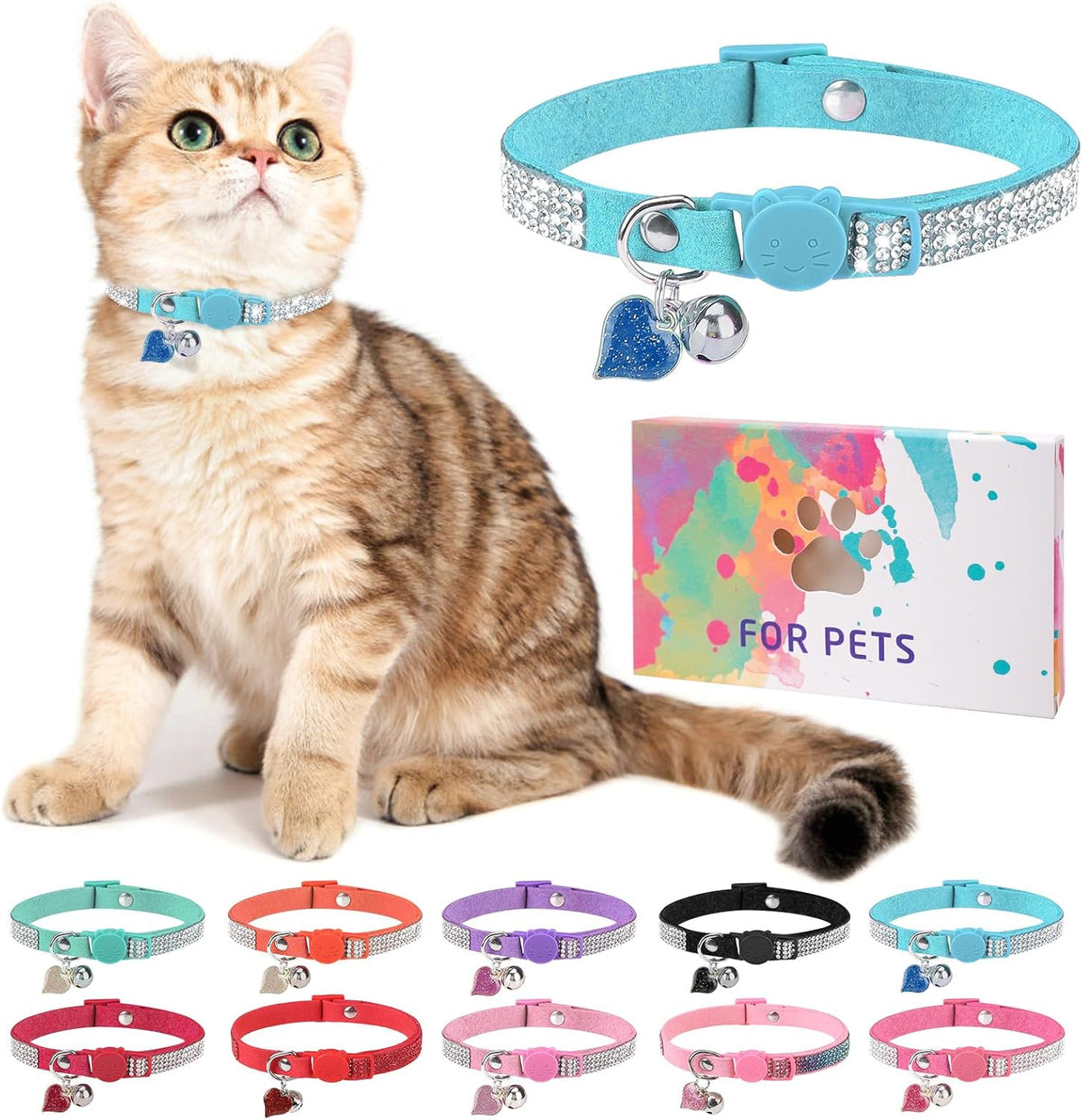 Rhinestone Cat Collar Breakaway, Bling Sparkly Diamond - Blue / 8"-12" Cats / Mini Dogs