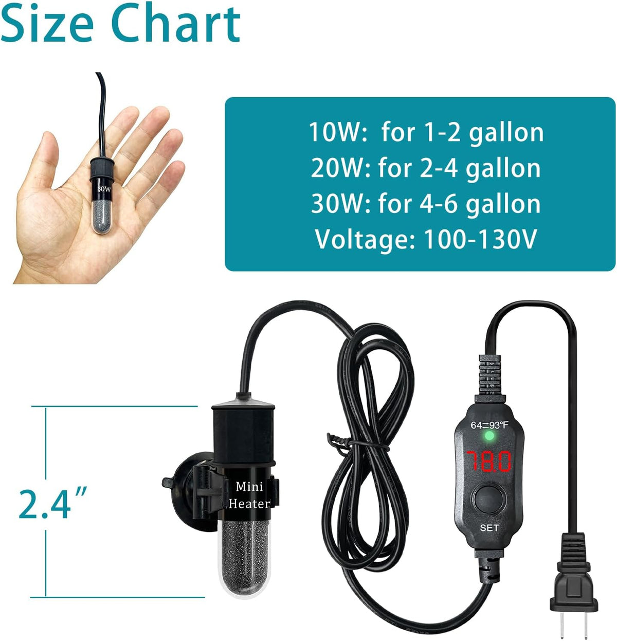 USB 10W Mini Submersible Aquarium Heater Adjustable Fish Tank Heater – Essentials for Fish - 10W PLUG - image 2