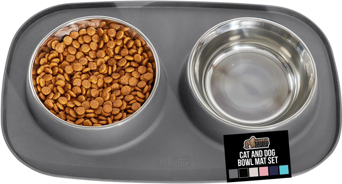GORILLA GRIP Dog Bowl Set with Feeding Mat - Gray / 3 Cup Bowls
