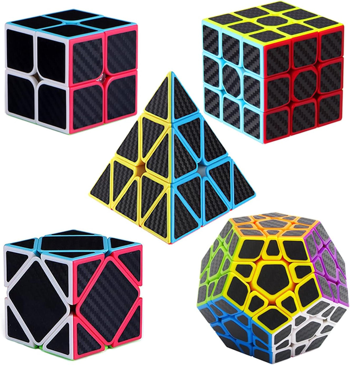 Roxenda Pyramid Speed Cube 3x3x3 Triangle Puzzle Magic Cube – Fun for Kids & Family - 5 Pack Carbon Fiber