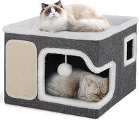 Shikha 2 Story Cat Bed House for Indoor Cats with Scratch Pads Black – Essentials for Cats - Grey / Single / Without Heating Pad