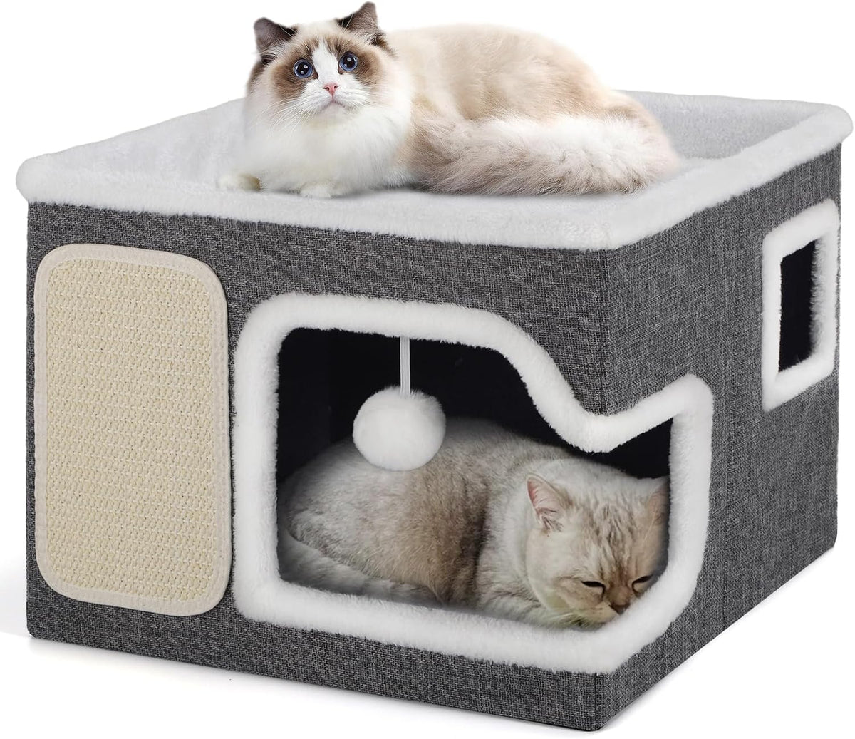 Shikha 2 Story Cat Bed House for Indoor Cats with Scratch Pads Black – Essentials for Cats - Grey / Single / Without Heating Pad