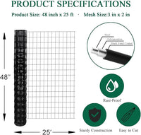 Black PVC Coated Welded Wire Fence 48 Inch x 25 Foot, 2 Inch x 3 Inch 16GA, Garden Border Fencing Roll Vinyl Coating Metal Wire Mesh for Yard Vegetable Plant Protection Poultry Netting
