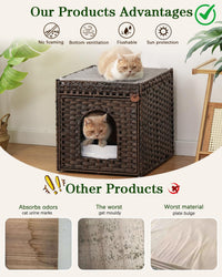 Cat Litter Box Enclosure Furniture, Hidden PE Rattan - Brown / Standard With 1 Cat Bed - image 3