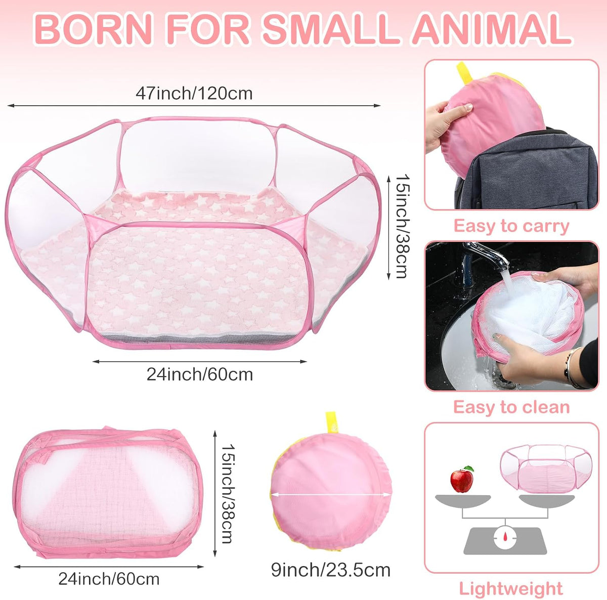 Guinea Pig Playpen with Mat Small Animal - Pink / Star - image 2