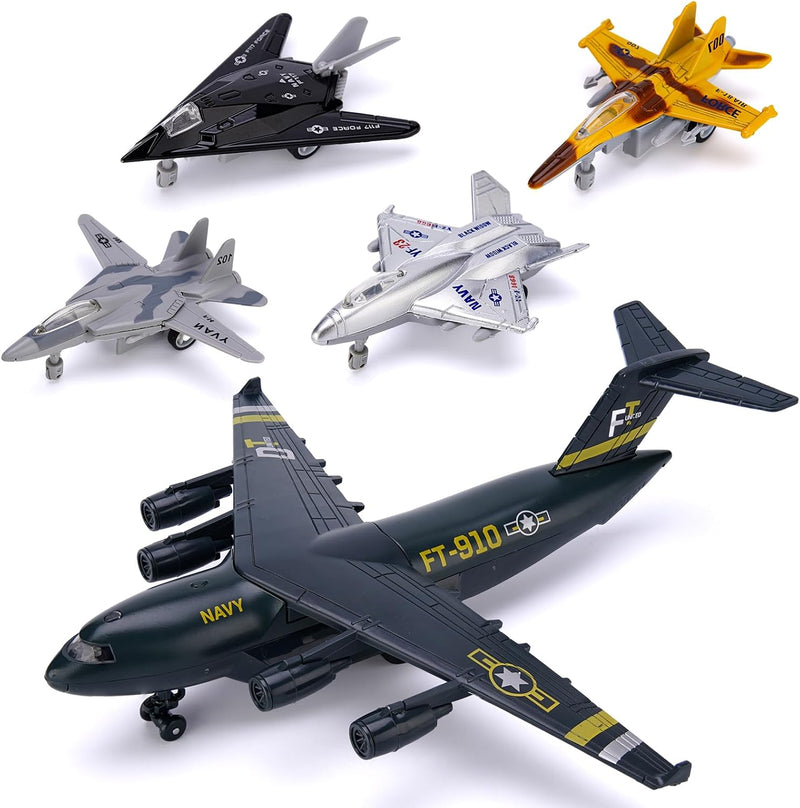 Crelloci 5 pack military airplane toys with transport plane and die cast fighter jets