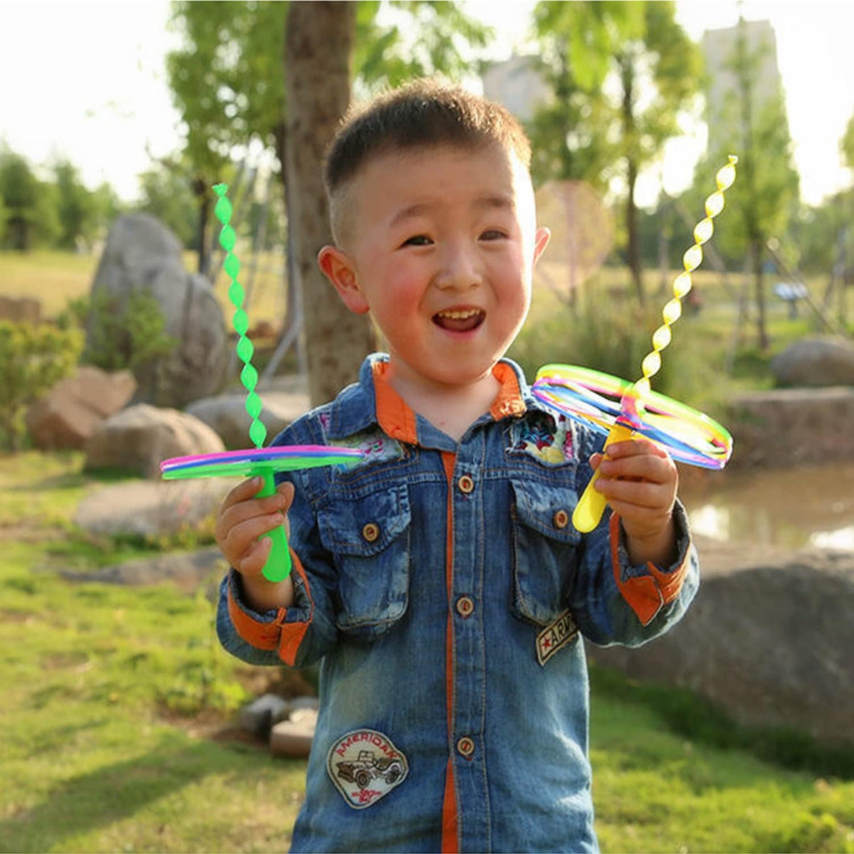 JIEOU hand spin flying helicopter toys, 20 colorful plastic bamboo dragonfly propellers - view 3