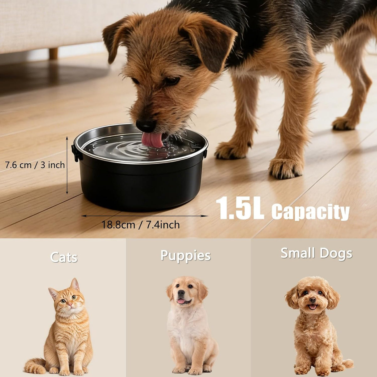 Dog Water Bowl No Spill, 1.5L/50oz Stainless Steel Slow Water Bowl for Dogs, Spill Proof Dog Bowl - Black - image 4