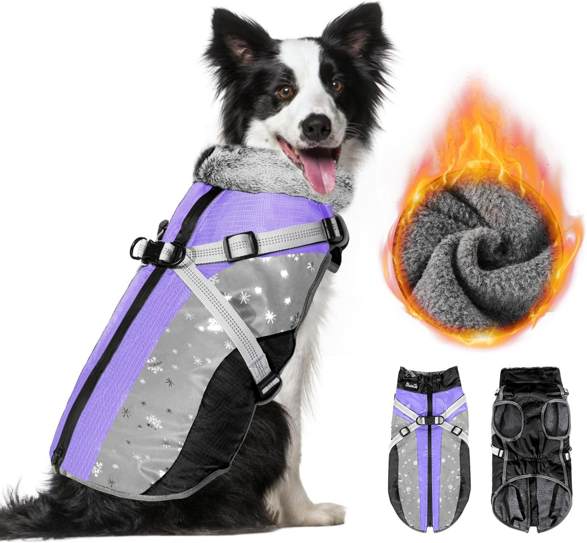 SlowTon Dog Jacket with Harness - Purple & Black / Large (Chest 21.0"-24.2")