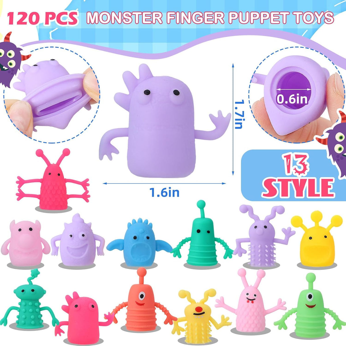 Booson monster finger puppets in bright colors, 80 pack of rubber finger toys - view 2