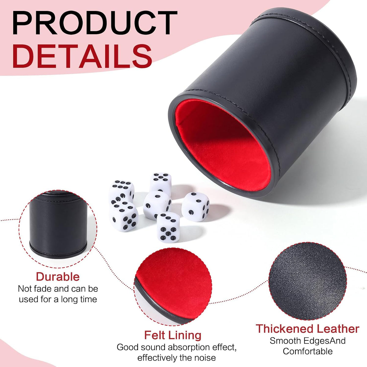 Felt Lined PU Leather Dice Cup Set with 6 Dot Dices – Fun for Kids & Family - Black - image 2