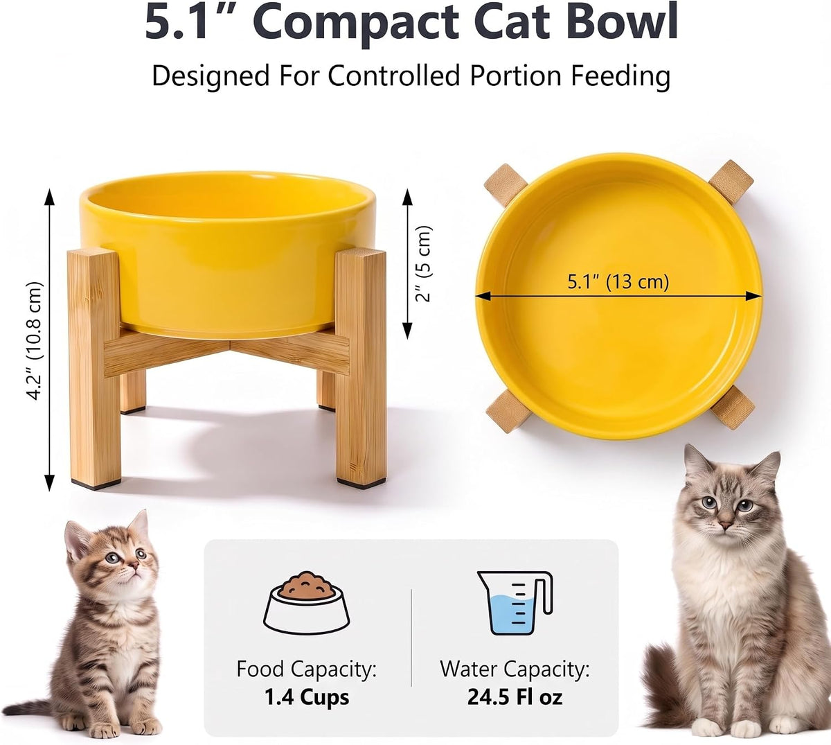 Elevated Cat Water Bowl, Ceramic Raised Cat Food Bowl with Adjustable Bamboo Stand, 5.1" Compact - Small / Yellow - image 2