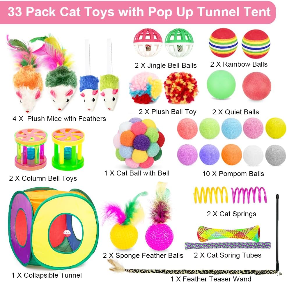 33Pcs Cat Toys Pack for Indoor Cats Kitten, with Cube Tunnel – Essentials for Cats - Cube Tunnel Toy Set - For Cats Less Than 12lbs - image 2