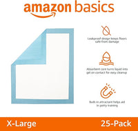 Amazon Basics Dog and Puppy Pee Pads with 5-Layer Leak-Proof Design and Quick-Dry Surface for Potty Training, Heavy Duty Absorbency, X-Large, 28 x 34 Inch - Pack of 25, Blue & White