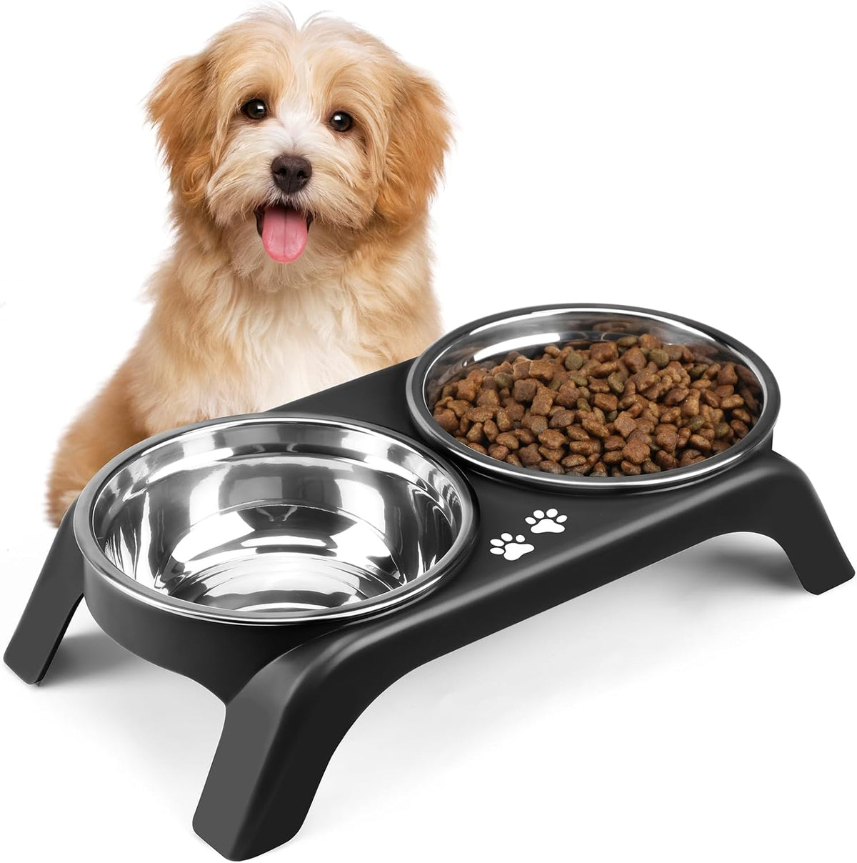 Elevated Bowls, 4 Height Adjustable Raised Stand With 2 Thick 50oz Stainless Steel Food Bowls - Black / 4.9" for Small Dogs