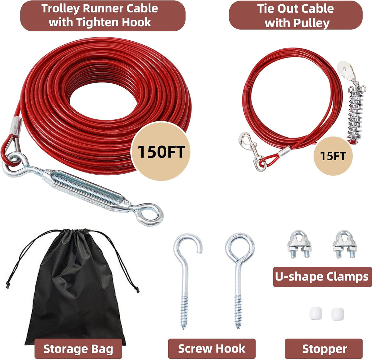 Dog Runner for Yard, Outdoor Dog Run - Red / 150FT+15FT - image 2