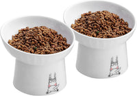 6.5 Inch Extra Wide Ceramic Raised Cat Bowl Set - White & White