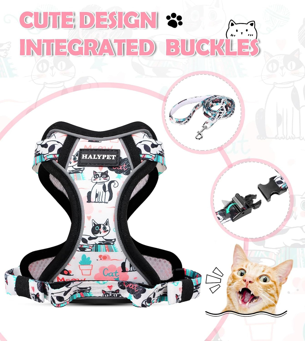 Cat Harness and Leash Set[MAX Safety 4th-Gen] Cute Escape Proof Vest - H603 Pro Inky Meowy / X-Small (4-6lb) - image 3