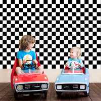 Oigco race car tablecloth with black and white checkered pattern on a rectangular party table - view 10