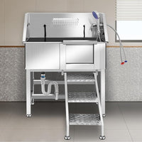Stainless Steel Dog Washing Station, Pet Grooming Tub W/Storage Stairs, Faucet & Showerhead & Soap Holder Dog Bathtub for Large & Medium & Small Pets,34" R-RAMP
