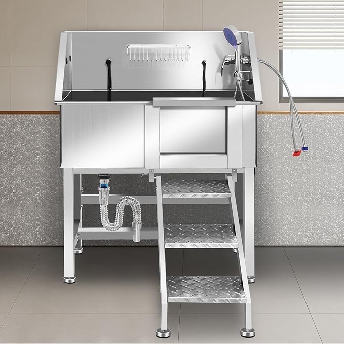Stainless Steel Dog Washing Station, Pet Grooming Tub W/Storage Stairs, Faucet & Showerhead & Soap Holder Dog Bathtub for Large & Medium & Small Pets,34" R-RAMP