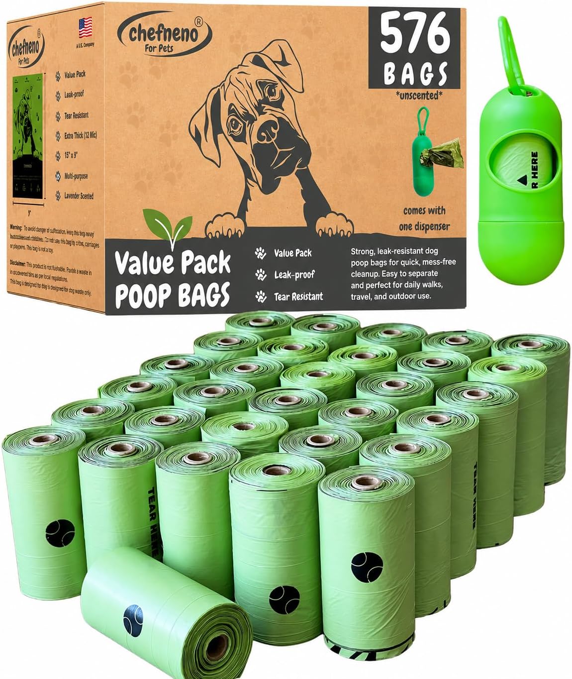 Doggy Poop Bags with Dispenser Dog Waste Pickup Bags Refill Rolls Cat - Green (32 Rolls Uscented)